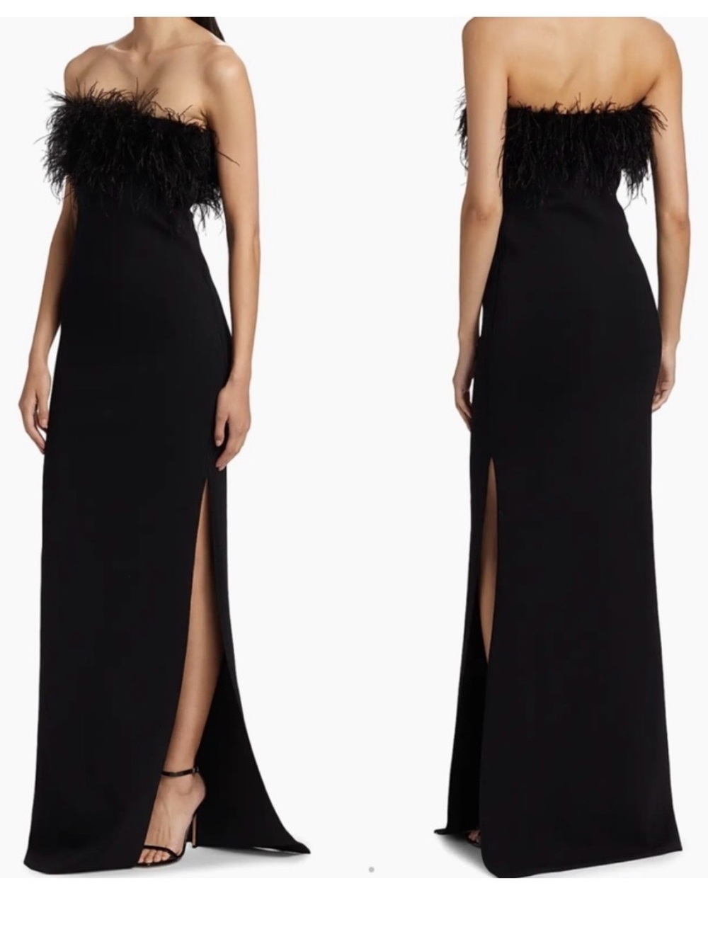 Monique Lhuillier Strapless Black Feather-Trim Gown
